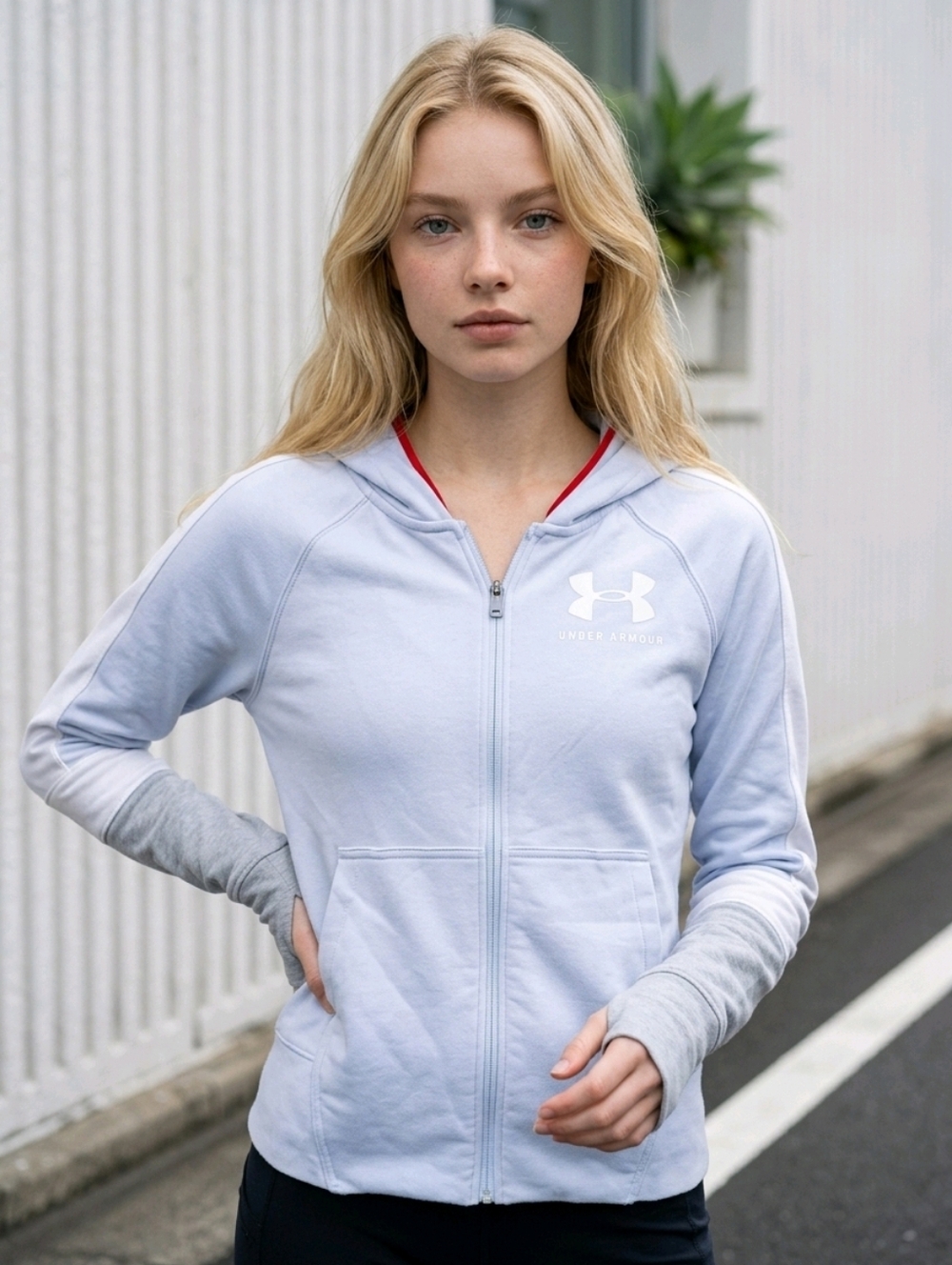 Under Armour Girls Hoodie YLG Blue Full Zip ColdGear Thumbholes Athletic Jacket
